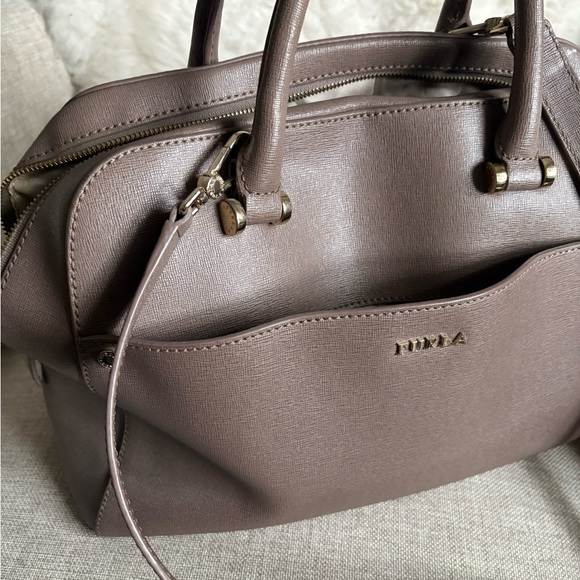 Furla Handbags - Furla Taupe Brown Saffiano Leather Satchel